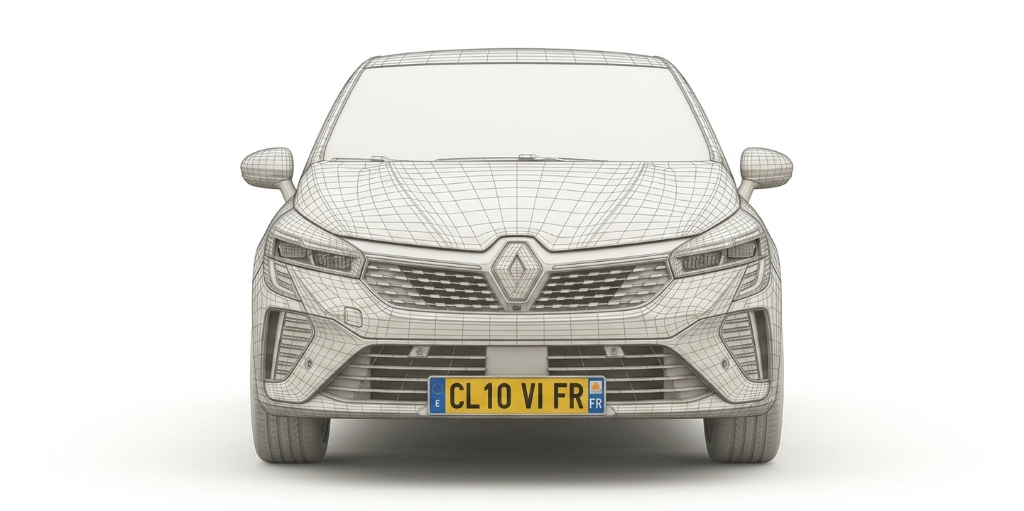 Vue face avant Renault Clio 5 filaire, plaque visible